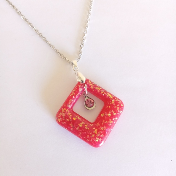 Deep pink faux opal diamond shaped pendant cz charm on 20" silver necklace new - Picture 4 of 5